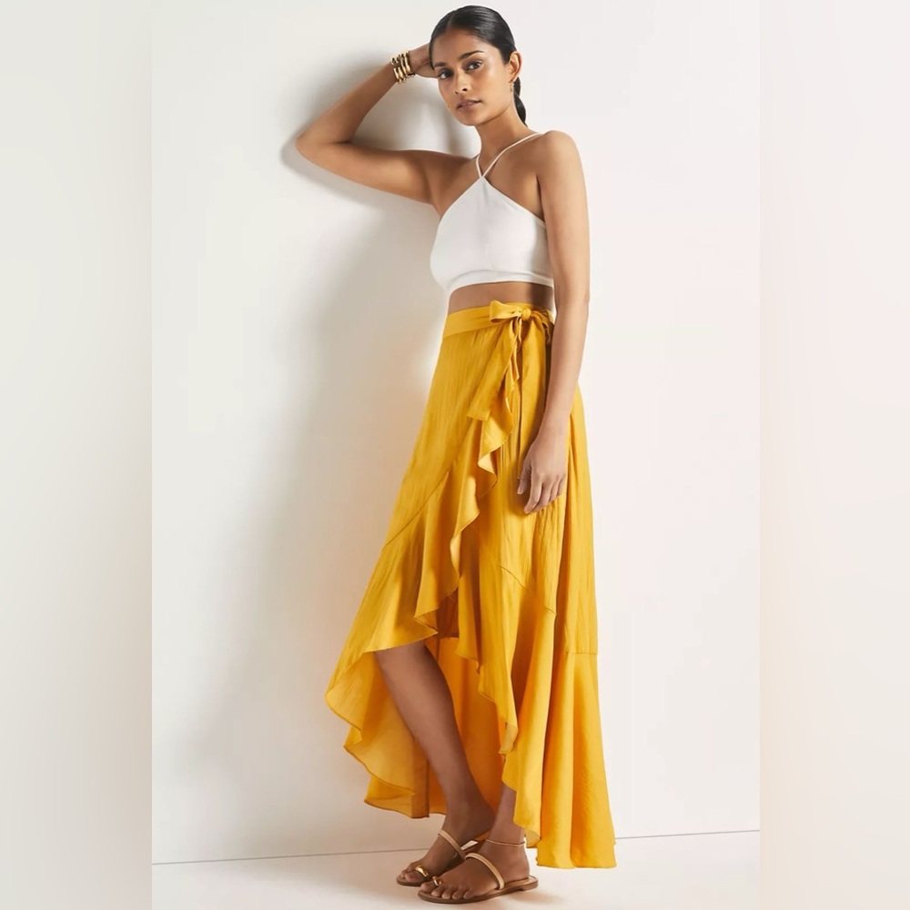 Anthropologie Maeve Ruffle Wrap Midi Skirt in Mango Yellow